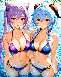 2025 ai_generated app_game beach_background blue_bikini blue_eyebrows female ganyu_(genshin_impact) genshin_impact instagram internet keqing_(genshin_impact) looking_at_viewer meta open_mouth purple_bikini purple_eyebrows purple_eyes_female shocked_expression smile_at_viewer smiling_at_viewer unknown_artist wet_bikini wet_body wet_skin yellow_eyes_female