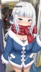 1boy ai_generated alternate_breast_size blue_coat blue_eyes blue_hair blue_nails blunt_bangs blush breasts cleavage closed_mouth coat cum cum_on_body enpera female fins fish_tail fur-trimmed_coat fur_trim gawr_gura grey_hair hair_ornament hair_ribbon heart hololive hololive_english hololive_myth jacket large_breasts long_hair long_sleeves looking_at_viewer male meitabuu multicolored_hair nail_polish plaid_scarf red_scarf ribbon scarf shark_girl shark_hair_ornament shark_tail sleeve_grab smile solo_focus standing streaked_hair suggestive_fluid tail virtual_youtuber x_hair_ornament