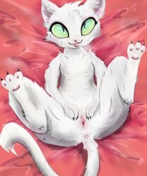 2016 anus digital_media_(artwork) digital_painting_(artwork) domestic_cat felid feline felis female female_feral feral fur green_eyes hi_res lying mammal naircat on_back painting_(artwork) solo spread_vulva spreading vulva white_body white_fur