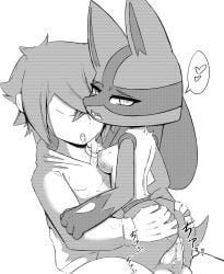akatosh_el_shota_furro anthro ass big_ass breast_sucking breasts cum cum_in_pussy deep_skin female female_anthro furry hand_on_butt heart-shaped_pupils hi_res human human_on_anthro looking_back lucario male monochrome pokemon pokemon_(species) saliva_trail tongue