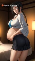 1girls ai_generated aqua_eyes ass bed bedroom big_belly big_breasts black_hair black_skirt bleach bleach:_the_thousand-year_blood_war blue_eyes blue_neckerchief braid braided_ponytail breasts cleavage cowboy_shot crop_top female female_only from_side glasses grin hand_on_own_stomach hands_on_own_stomach indoors lamp large_breasts light-skinned_female lips lisa_yadomaru long_braid long_hair long_sleeves looking_at_viewer looking_back meitabuu midriff miniskirt mole mole_under_eye neckerchief on_bed parted_bangs parted_lips pillow pleated_skirt pregnant round_eyewear sailor_collar school_uniform serafuku shirt sidelocks single_braid skirt smile solo standing thighs white_shirt wide_sleeves yadoumaru_lisa