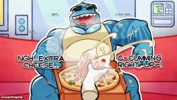 anon anonymous_character artist_request cartoon_network cum cum_drip dc king_shark male male_only masturbation pizza pizza_box teen_titans teen_titans_go y/n