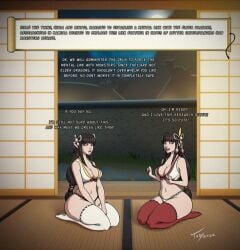 black_hair breasts cleavage female hair_ornament hinoa large_breasts long_hair minoto monster_hunter monster_hunter_rise multiple_views navel seiza sitting tatami thighhighs toby_art