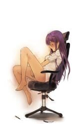 absurdres barefoot chair closed_eyes doki_doki_literature_club feet female female_only highres knife legs masturbation no_panties paper pen purple_hair pussy_juice self_harm_scars shina_(be_dulgi) sweater yuri_(doki_doki_literature_club)