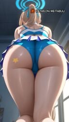 ai_generated ass ass_focus asuna_(blue_archive) back bare_shoulders blonde_hair blue_archive blue_panties cameltoe cheerleader facing_away female from_behind from_below hair_ribbon halo indoors kneepits leaning_forward light_brown_hair long_hair median_furrow meitabuu millennium_cheerleader_outfit_(blue_archive) miniskirt panties pleated_skirt pom_pom_(cheerleading) ponytail ribbon skirt solo sports_bra star_(symbol) star_tattoo sticker_on_face thigh_gap thighs trefoil two-tone_sports_bra underbutt underwear upskirt white_skirt window
