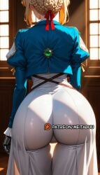 ai_generated ass ass_focus back blonde_hair blue_jacket braid braided_bun brooch cropped_jacket dress facing_away female french_braid from_behind gem green_gemstone hair_bun hair_intakes hair_ribbon huge_ass indoors jacket jewelry juliet_sleeves long_dress long_sleeves mechanical_hands meitabuu patreon_username prosthesis prosthetic_arm puffy_sleeves red_ribbon ribbon short_hair single_hair_bun solo sunlight thigh_gap violet_evergarden violet_evergarden_(character) white_dress wide_hips window