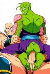 2boys ai_generated anal anal_sex bald balls barefoot clothed_sex cowgirl_position dragon_ball from_behind green_skin looking_back male male/male male_only muscles muscular muscular_male nappa penis piccolo torn_clothes white_background yaoi