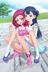 2girls blue_eyes blue_hair blue_sky bow bow_panties censored closed_mouth clothing cloud day dress full_body hand_in_panties hugtto!_precure japanlara long_hair mascot multiple_girls nono_hana open_mouth panties panties_aside peeing pink_bow pink_eyes pink_hair precure pretty_cure shoelaces shoes skirt sky smile socks spread_pussy squatting tooo tree underwear white_legwear yakushiji_saaya yuri