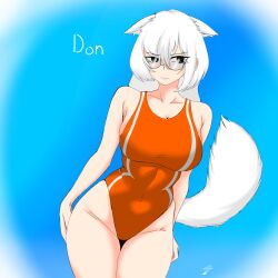 black_eyes don don_haus glasses long_hair orange_swimsuit white_hair