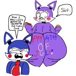 4th_of_july afterdarkcircus angry angry_expression animatronic animatronic_female ass_tattoo blue_skin blush blushing_female candy_(fnac) chubby chubby_female cindy_(fnac) embarassed english_dialogue english_text fazbear_fanverse female five_nights_at_candy's holding_burger holding_hot_dog messy_eater pink_cheeks purple_skin red_cheeks red_tie turned_around