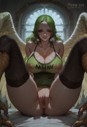 ai_generated bed bedroom big_ass big_breasts cum_inside green_hair monet_(one_piece) one_piece open_legs open_pussy razhdeluxe