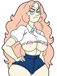 1girls areola_slip areolae barely_contained barely_contained_breasts big_ass big_breasts big_butt blackmorty_(artist) blonde_female blonde_hair booty_shorts button_down_shirt cameltoe cleavage connie_maheswaran erect_nipples fusion gem_(species) light-skinned_female long_hair nipple_bulge nipples nipples_visible_through_clothing peach_hair pearl_(steven_universe) pearlie_(blackmorty) puffy_sleeves short_shorts shorts steven_universe thick_thighs underboob