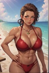 abs ai_generated azucena_milagros_ortiz_castillo bandai_namco big_breasts breasts brown_hair cleavage curvy curvy_female curvy_figure dark-skinned_female dark_skin earrings female flower_in_hair gloves green_eyes hair_ornament latina looking_at_viewer namco office_clothing peruvian peruvian_female pose seductive short_hair solo standing style sweat tan-skinned_female tan_skin tekken tekken_8 video_game_character voluptuous voluptuous_female wide_hips