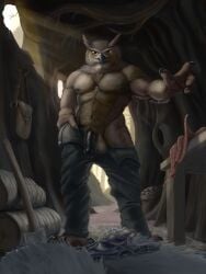 3:4 abs absurd_res anthro avian axe bag balls beak biped bird black_body black_penis bottomwear brown_body brown_feathers cave claws clothed clothing corvid detailed_background digital_media_(artwork) dungeons_and_dragons feathers feet first_person_view flaccid foreskin genitals gesture hasbro hi_res horned_owl huge_filesize humanoid_genitalia humanoid_penis inside light looking_at_viewer male mammal melee_weapon muscular muscular_anthro muscular_male nipples open_bottomwear open_clothing open_pants oscine owl owlbear pants partially_clothed passerine pecs penis reflection_in_eyes solo standing sunlight topless true_owl undressing weapon wizards_of_the_coast yellow_eyes