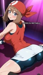 ai_generated ass bandana bare_shoulders bike_shorts bike_shorts_under_skirt black_socks blue_eyes blush breasts brown_hair closed_mouth female from_behind gloves large_breasts looking_at_viewer looking_back may_(pokemon) meitabuu pokemon pokemon_(species) pokemon_rgby pok�mon_(species) pole pole_dancing red_bandana red_shirt shirt shorts skirt sleeveless sleeveless_shirt smile socks solo spread_legs stripper stripper_pole sweat thighs white_skirt