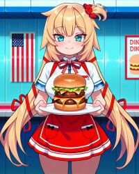 1girls ai_generated akai_haato blonde_hair blue_eyes blush hamburger hololive long_hair plate red_skirt smile thighs twintails virtual_youtuber waitress white_shirt