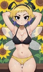 ai_generated antennae ass bee bee_girl bee_wings bigmic145 bra breasts cleavage cum fake_animal_ears fake_wings female female_only hairband implied_cum implied_sex milk multicolored_hair navel netflix panties pollination ramona_flowers scott_pilgrim scott_pilgrim_takes_off wings yellow_hair