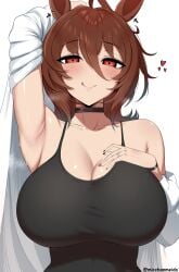 1girls :q absurdres agnes_tachyon_(umamusume) animal_ears arm_behind_head arm_up armpits artist_name black_camisole black_choker blush breasts brown_hair camisole choker coat commentary english_commentary female hair_between_eyes highres horse_ears horse_girl lab_coat large_breasts looking_at_viewer medium_hair micchan_(micchanmeido) presenting_armpit red_eyes simple_background smile solo sweat tongue tongue_out twitter_username umamusume white_background white_coat