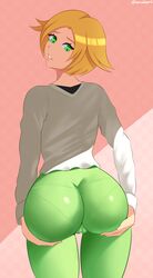 1girls ass bianca_(pokemon) big_butt blonde_hair bubble_butt butt butt_grab cameltoe dat_ass female female_only fully_clothed green_eyes green_pants holding huge_butt human looking_back nintendo panties pants pantylines pokemon pokemon_bw pokemon_bw2 see-through shadow short_hair skin_tight solo sowilo teeth tight_pants