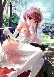 absurdres ass bench breasts bridal_veil bride copyright_request earrings elbow_gloves female finger_to_mouth garter_straps gloves high_heels highres hoop_earrings jewelry kakuno lace lace-trimmed_thighhighs looking_at_viewer lying medium_breasts nipples on_side panties pointy_ears red_eyes red_hair scan short_hair shushing side-tie_panties smile solo string_panties thighhighs tiara top_pull underwear untying veil white_gloves white_legwear white_panties