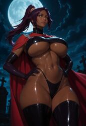 1girls ai__lora ai_generated alternate_version_available big_breasts bleach breasts dark-skinned_female dark_skin ebony ecchi female female_only huge_breasts latex loraart low-angle_view moon no_bra ponytail purple_hair shihouin_yoruichi shiny_skin solo thighhighs thighs thong underboob yellow_eyes
