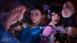 2girls 3d barefoot blender_(software) blush bracelet brown_eyes brown_hair chun-li chun-li_(street_fighter_6) earrings feet feet_up female female_only foot_fetish foot_focus footwear full_color fully_clothed happy juri_han light_blue_nails looking_at_viewer makeup nail_polish nails night no_penetration presenting_feet purple_eyes raxinsfw red_nails sexy sexy_pose smiling soles solo_female street_fighter street_fighter_6 toes