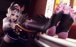 1girls 3d alternate_costume barefoot blender blizzard_entertainment eyebrows feathers feet feet_focus feet_on_table feet_together feet_up foot_fetish foot_focus glowing_eyes indoors kiriko_(overwatch) legs_up long_hair looking_at_viewer makeup meaty_soles overwatch overwatch_2 presenting_feet public public_exposure purple_eyes purple_lipstick purple_skin restaurant sharp_nails sharp_toenails shorts soles stirrup_legwear stirrup_socks syclops toes white_hair yatagarasu_kiriko