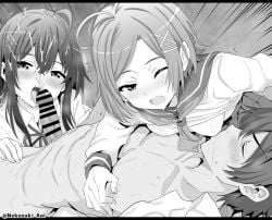 1boy 2girls ahoge bar_censor blush breastfeeding breasts brother_and_sister brother_and_sister_threesome censored closed_eyes clothed_female_nude_male collared_shirt commentary_request commission cum ejaculation erection fellatio ffm_threesome greyscale group_sex hair_ornament highres hikigaya_hachiman hikigaya_komachi incest lactation long_hair looking_at_another looking_at_viewer lying monochrome multiple_girls nekosaki nipple_stimulation nude oerba_yun_fang on_back one_eye_closed open_mouth oral penis pixiv_commission sailor_collar shirt short_hair siblings small_breasts threesome twitter_username wince x_hair_ornament yahari_ore_no_seishun_lovecome_wa_machigatteiru. yukinoshita_yukino