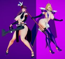 2girls 3d alternate_version_available areola areola_slip areolae areolae_slip ass bare_shoulders bazooka big_ass big_breasts blonde_hair breasts cleavage colored_background female female_only full_body headband high_heels honey_select honey_select_2 huge_ass huge_breasts lady_j large_ass large_breasts long_hair misery_stentrem nipple_bulge no_panties purple_hair rocket_launcher shoulder_armor simple_background sleeves sling_bikini staff thick_thighs thighs two_tone_background valkyrie_drive valkyrie_drive_-mermaid- visible_pussy wand weapon youkoso!_sukebe_elf_no_mori_e