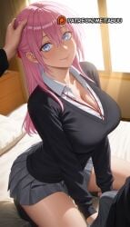 1boy ai_generated black_socks black_sweater blue_eyes blush breasts bulge cleavage closed_mouth collarbone collared_shirt erection erection_under_clothes female grey_skirt hair_between_eyes hand_on_another's_head indoors kawaii_dake_ja_nai_shikimori-san kneeling large_breasts long_hair long_sleeves looking_at_viewer meitabuu miniskirt on_bed pink_hair pleated_skirt school_uniform shikimori_miyako shirt skirt smile socks solo_focus straight sweater thighs white_shirt window