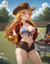 4th_of_july ai_generated american_flag american_flag_bikini beer big_breasts bikini bikini_bottom bikini_top bikini_under_clothes blonde_hair clothed female_pubic_hair flannel flannel_shirt flashing flashing_panties large_breasts long_hair open_clothes open_shirt pubes pubic_hair purple_eyes rwby short_shorts shorts smile smiling_at_viewer solo solo_female solo_focus tagme twistedpeach underwear yang_xiao_long