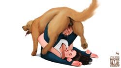 1dog 1girls balls balls_deep ballsack brown_hair canid canine canis child_bearing_hips closed_eyes cum cum_in_mouth cum_in_pussy cum_inside cum_leak cum_leaking cum_leaking_out_of_pussy cum_on_face domestic_dog feet female female_human female_on_feral feral feral_on_female feral_on_human feral_penetrating feral_penetrating_human foot_straps golden_retriever interspecies interspecies_fuck interspecies_impregnation interspecies_relationship interspecies_sex knot knotted lupaningyo male male_dog mammal open_mouth paws pussy qr_code signature sole_female tail tank_top torn_clothes torn_legwear white_background white_tank_top yoga yoga_pants zoophilia