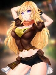 1girls 2d arms_up belly belly_button big_breasts blonde_hair breasts female female_focus female_only female_solo gigamessy hands_behind_head highres long_hair looking_at_viewer posing purple_eyes rwby smiling smiling_at_viewer solo solo_female tagme thick_thighs thighs yang_xiao_long