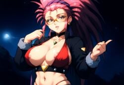 ai_generated big_breasts breasts civitai cosplay crimson_viper glasses high_leg_thong jacket nipple_peek red_bra self_upload solar3 street_fighter tenchi_muyo! washu_hakubi yellow_glasses