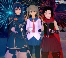 3girls 4th_of_july arm_around_waist arm_behind_back belt black_choker black_hair blue_eyes blue_hair boots brand_of_the_exalt cape choker crossover eastern_and_western_character elbow_gloves fefreak726 female female_only fingerless_gloves fire_emblem fire_emblem_awakening fireworks gloves gradient_hair green_eyes grey_hair grin hair_between_eyes holding holding_fireworks long_hair long_sleeves looking_at_viewer lucina_(fire_emblem) maka_albarn medium_breasts multicolored_hair multiple_girls night nintendo outdoors pantyhose red_hair ruby_rose rwby school_uniform schoolgirl short_hair skirt small_breasts smile soul_eater sparkler standing sweater symbol-shaped_pupils thigh_boots tiara tree twintails water