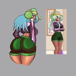 1girls ass ass_focus dark-skinned_female dark_skin dolly_dimpley female female_focus female_only from_behind green_shorts hat headphones looking_at_viewer looking_back onlypac1 reference_image screenshot shorts smiling smiling_friends smirk solo solo_female thighs