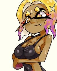 breasts dark-skinned_female dark_skin embarrassed female frye_(splatoon) frye_(splatoon_raiders) frye_onaga hinaz1 inkling inkling_girl large_breasts nintendo splatoon splatoon_(series) splatoon_3 splatoon_raiders sweat swimsuit swimwear tagme tentacle_hair