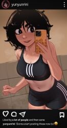 absurdres adidas bike_shorts black_eyes black_hair black_shorts body_freckles breasts cellphone commentary english_commentary english_text fake_phone_screenshot fake_screenshot female freckles highres holding holding_phone instagram messy_hair mirror_selfie navel open_mouth original phone selfie shorts smartphone smile solo sports_bra sweat taking_picture tan tank_top tanlines veyonis yuna_(veyonis)