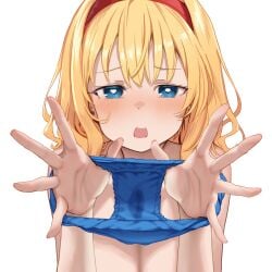 alice_margatroid blonde_hair blue_bra blue_eyes blue_panties blush bra breasts cleavage commission female frown hairband highres holding holding_panties holding_underwear holding_unworn_clothes large_breasts large_variant_set looking_at_viewer medium_hair mokumokuren_(atariya_kyoushitsu) open_mouth panties pixiv_commission presenting_removed_panties red_hairband simple_background solo stained_panties touhou underwear variant_set white_background