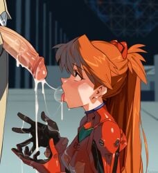 1boy 1girls after_fellatio after_oral aseiusx asuka_langley_sohryu female light-skinned_female light-skinned_male light_skin male neon_genesis_evangelion open_mouth orange_hair penis plugsuit tongue tongue_out
