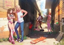 2boys 3girls alley anna_(tekuho) blonde_hair blowjob braces brown_hair dark-skinned_male fellatio hooker july_(tekuho) kneeling microskirt orange_hair platform_heels prostitution skirt stockings tammy_(tekuho) teenage_girl teenager tekuho