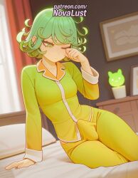1futa 2025 ai_generated arm_support artist_name bed breasts breasts breasts bust chest curly_hair futanari green_eyes green_hair hi_res high_quality high_resolution highres indoors long_sleeves novalust one-punch_man pajamas patreon patreon_username short_hair solo stable_diffusion tatsumaki watermark