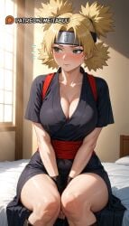ai_generated averting_eyes bed between_legs blonde_hair blush boruto:_naruto_next_generations breasts cleavage closed_mouth collarbone covered_navel day female flying_sweatdrops forehead_protector green_eyes hand_between_legs headband indoors large_breasts looking_to_the_side meitabuu naruto naruto_(series) naruto_shippuden obi on_bed parted_bangs quad_tails red_sash sash short_sleeves sitting solo sunlight temari thighs window