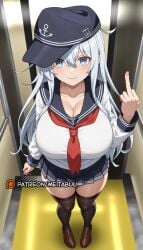 aged_up ai_generated alternate_breast_size anchor_symbol black_headwear black_sailor_collar black_skirt black_thighhighs blue_eyes blush breasts brown_footwear cleavage closed_mouth collarbone female flat_cap full_body grey_hair hair_between_eyes hat hibiki_(kancolle) hibiki_(kantai_collection) huge_breasts kantai_collection large_breasts loafers long_hair long_sleeves looking_at_viewer meitabuu middle_finger neckerchief pleated_skirt red_neckerchief sailor_collar school_uniform serafuku shoes skirt smile solo standing thighhighs white_hair