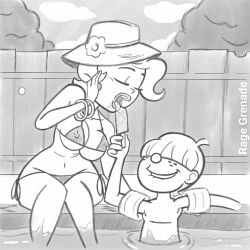 bikini chip_flagston fellatio_gesture hi_and_lois incest innuendo lois_flagston monochrome mother_and_son nipple_bulge popsicle rage_grenade string_bikini summer
