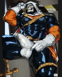1boy blush blush bulge bulge_through_clothing bulge_under_clothes clothed clothing dendryte_axxon dialogue english_text erection_under_clothes erection_under_clothing male male_only marvel marvel_comics muscular muscular_male penis skull skull_head solo solo_focus taskmaster text yellow_eyes