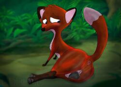 absurd_res animal_genitalia animal_vulva anus ass biege_fur big_butt blue_eyes blush bodily_fluids canid canine canine_genitalia canine_vulva female feral fox genitals hi_res jungledyret_hugo looking_back looking_down mammal raised_tail red_body rita_(jungledyret) smile solo tail udbebu