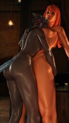 2girls 3d adalberta ass blue_hair breasts cat_ears cat_tail catgirl dark-skinned_female female female_only final_fantasy final_fantasy_xiv gpose(ffxiv) gradient_hair grey_skin hand_on_head head_grab height_difference hyur implied_futa indoors indoors_sex large_breasts miqo'te nude orange_hair sex tan_skin toned toned_female valtin_surecast yuri zana_lyehga