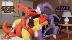 16:9 2025 3d_(artwork) 4k absurd_res all_fours ambiguous_penetration anthro areola bacn bandai_namco big_breasts bisexual bisexual_male blush bodily_fluids breasts canid canine claws closed_eyes cum cum_drip cum_in_mouth cum_inside detailed_background dialogue digimon digimon_(species) digital_media_(artwork) dripping english_text erection fellatio female female_penetrated fox from_behind_position furniture genital_fluids genitals group group_sex guilmon guilmon_(bacn) hi_res huge_breasts imp impmon impmon_(bacn) kissing licking licking_tongue male male/female male/male male_penetrating male_penetrating_female mammal markings nipples nude open_mouth oral oral_penetration penetration penile penile_penetration penis red_body renamon renamon_(bacn) scalie sex smile spitroast tail teeth text threesome tongue tongue_out trio white_body widescreen window yellow_body
