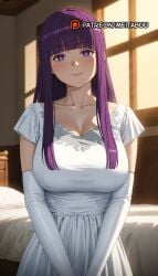 ai_generated bed blunt_bangs blush breasts cleavage closed_mouth collarbone dress elbow_gloves female fern_(sousou_no_frieren) frieren_beyond_journey's_end gloves indoors large_breasts long_hair looking_at_viewer meitabuu purple_eyes purple_hair purple_pupilsfern_(sousou_no_frieren) short_sleeves sidelocks smile solo sousou_no_frieren straight_hair white_dress white_gloves window